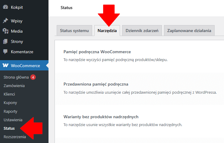 brakujące podstrony woocommerce