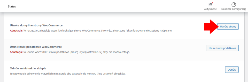 przywracanie brakujących stron woocommerce